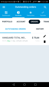 Buy order for ETF on DEGIRO mobile application