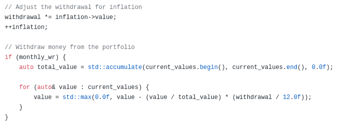 The monthly withdrawal code for the FIRE calculator