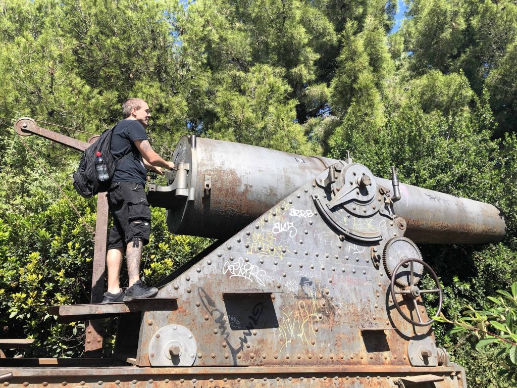 Riding a cannon at Montjuic Castle