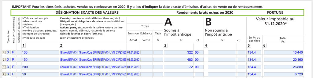 Un exemple de titres pour vos impôts